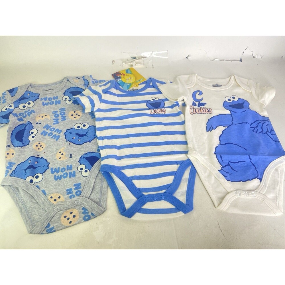 Sesame Street Cookie Monster 3 Pack Bodysuit One Piece Baby Boys Size 12 Months